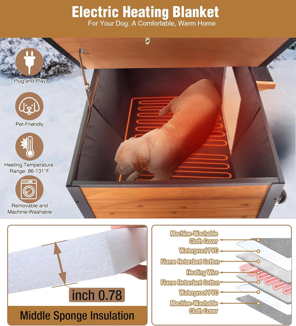 GUTINNEEN Heated Dog House Outdoor with Electric Heating Pad, Insulated Wooden Dog Kennel with 360° Rotating Feeding Bowl, Anti-Chewing Metal Frame, Natural Wood Color