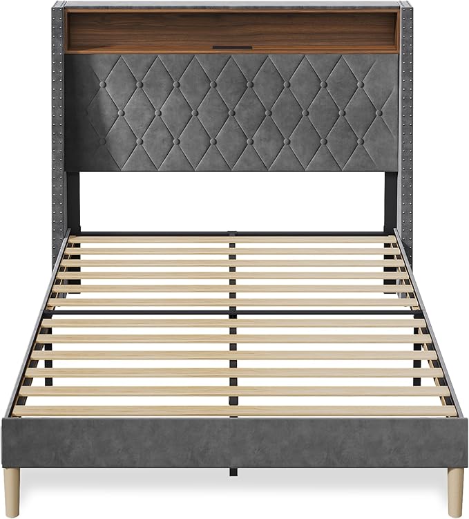 WLIVE Full Size Upholstered Bed Frame with Storage Headboard, Velvet Square Tufted Platform Bed with Charging Station, Sturdy Metal & Wooden Slats Support, No Box Spring Needed, Grey