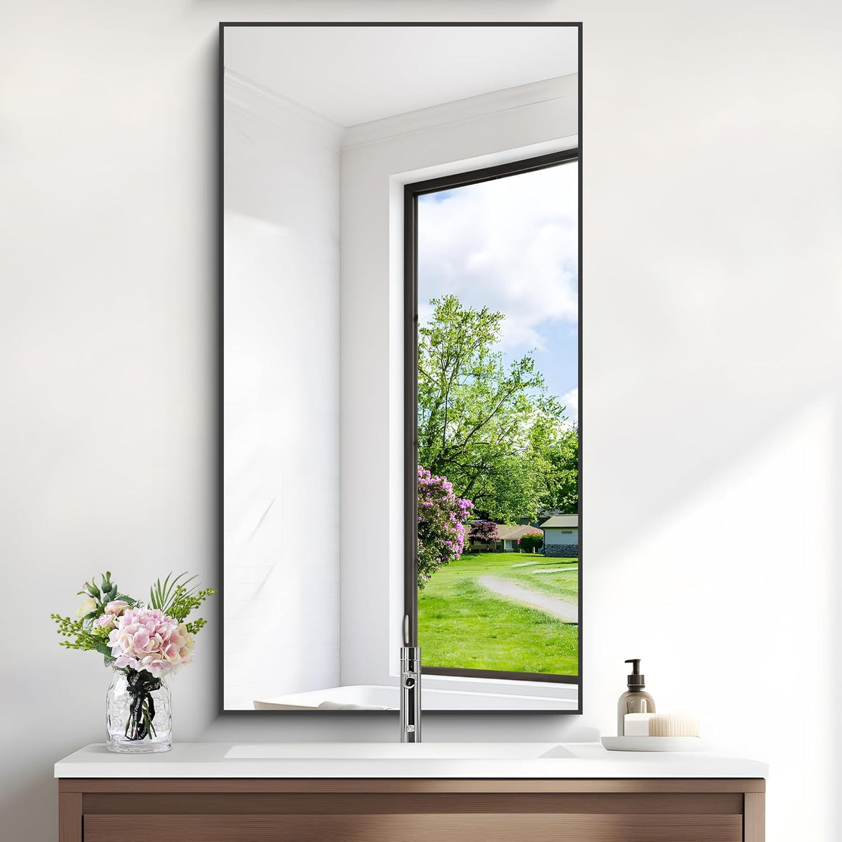 48x24In Black Bathroom Mirror for Wall, Rectangle Mirrors with Metal Frame, Bathroom Rectangular Mirror Modern Wall Mirror for Bedroom Living Room, Entryway Hangs Horizontal or Vertical