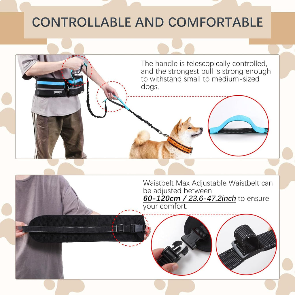 Hands-Free Waist Leash with Pouch for Two Dogs,Reflective Stitching, Dual Handle & Bungee Retractable Design – Ideal for Medium to Large Dogs (Blue) – Dog Walking Accessories