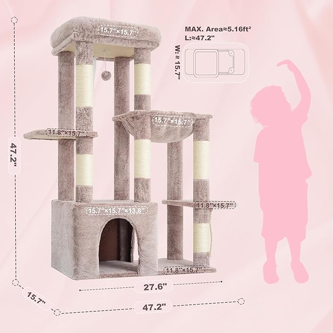 Heybly Heavy Duty Cat Tree, Tower for Indoor Cats Large Adult, Tall Cat Condo House with Extra-Large Baseboard, Multi-Level Plush Furniture with Scratching Posts, Hammock,Toy Balls,Muchroom HCT026MU