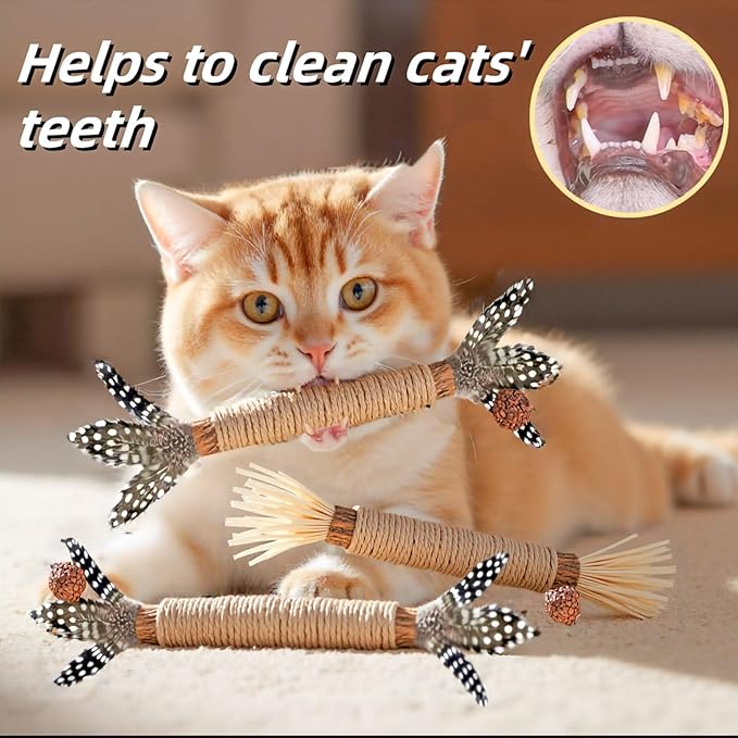 Cat Toys, 3PCS Catnip Toy for Indoor Kitten Treat Cats Chew Stick for Dental Cleaning Teeth Kitten Silvervine Rope Kitty Feather Snack for for Kick Molar Scratch Self Play Interactive Boredom