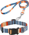 Dog Collar and Leash Set with Bohemia Floral Tribal Geometric Patterns - Soft Ethnic Style Collar Adjustable for Small Medium Large Dogs(Bohemian Orange Set,S)