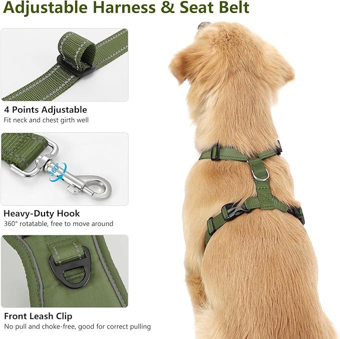 Dog Seat Belt Harness for Car, Dog Car Harness Adjustable Mesh Breathable & Dogs Seatbelt Safety Tether with Elastic Bungee for Small Medium Large Pets(Army Green, M)