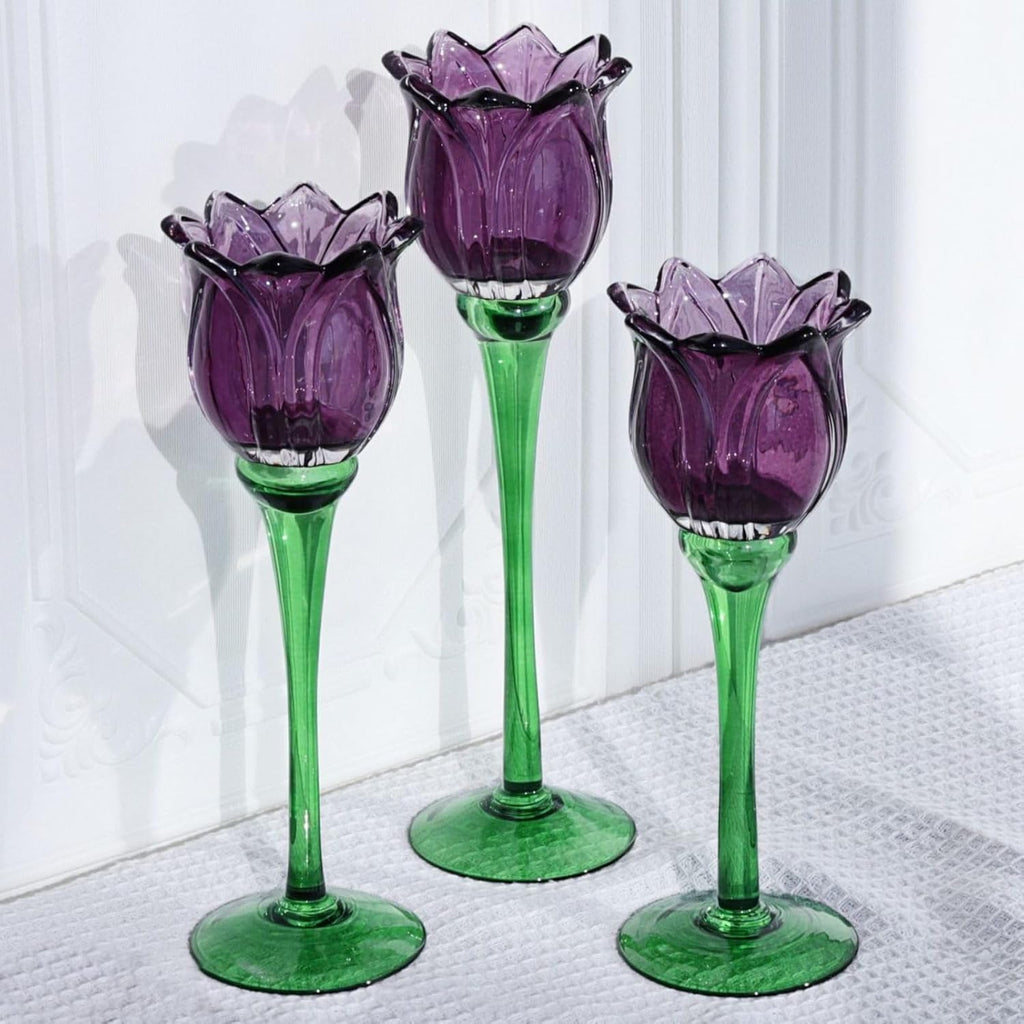 VOHO 6pcs Purple Tulips Candle Holders Gifts for Halloween, Thanksgiving, Easter, Elegant Purple Tealight Candle Holder for Modern Room Decor, Glass Tulip-Like Tea Lights Holder Wedding Holiday Table