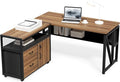 LITTLE TREE 55" Executive Computer Desk and Lateral File Cabinet, L-Shaped Office Desk with Storage for Home Office, Study Writing Workstation, Walnut + Black