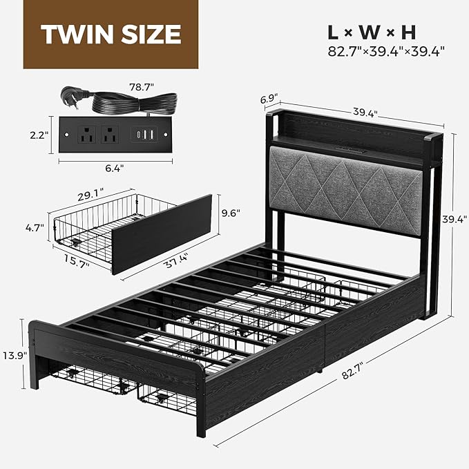 Bed Frame Twin Size with Charging Station and LED Lights, Upholstered Storage Headboard with 4 Drawers, Heavy Duty Metal Slats, Noise Free, Easy Assembly, No Box Spring Needed