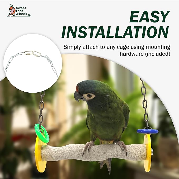 Sweet Feet and Beak Roll Bird Swing - Pumice Perch Bird Toys Trims Nails and Beaks, Safe Bird Cage Accessories for Small and Large Birds, Swinging Toys Birds Will Love, Small 7.5 Inches - Yellow