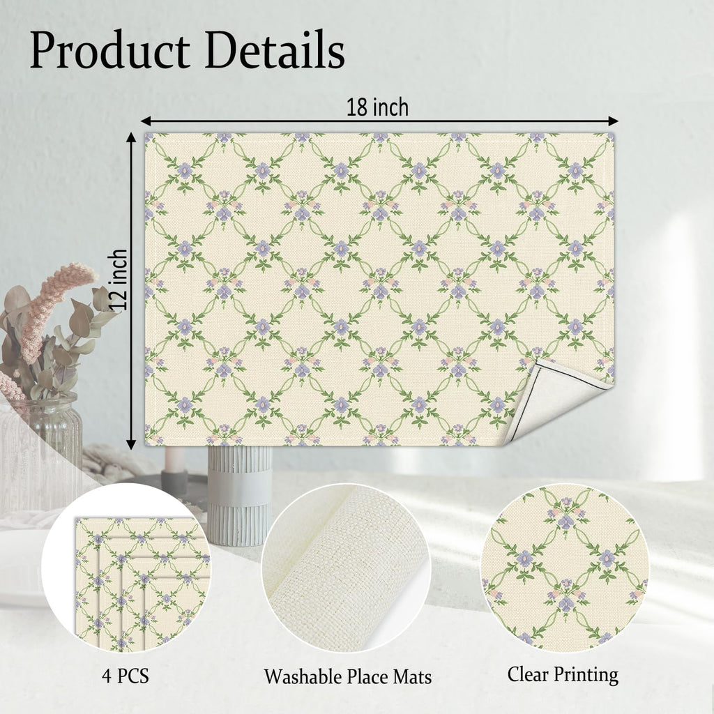 Floral Placemats Set of 4, Greenery Table Mat for Home Kitchen, Restaurants, Outdoor Linen Washable Place Mats 12x18 inch Party Event Dining Decoration-02