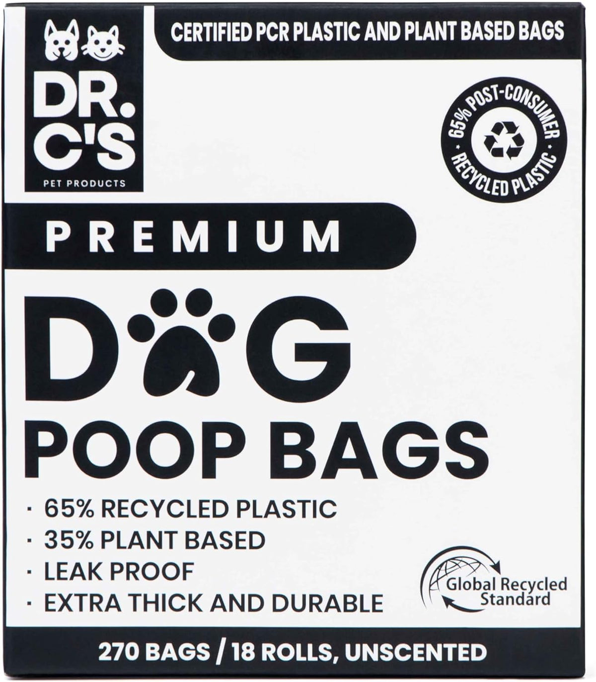 Certified 65% PCR (Post Consumer Recycled) Plastic and 35% Plant Based Dog Poop Bags - Dr. C's Premium Dog Poop Bags - 270 Bags / 18 Rolls, Extra thick, Leak Proof, Unscented, Earth Friendly