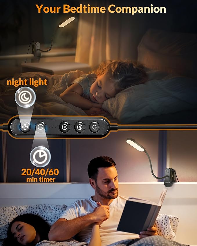 LEPOWER Clip on Light, 60 LED Reading Lights for Books in Bed, with 25+ Lighting Options, 3 Timer, Night Light Function, Eye-Caring Book Light for Reading in Bed, Headboard, Bedroom, Black