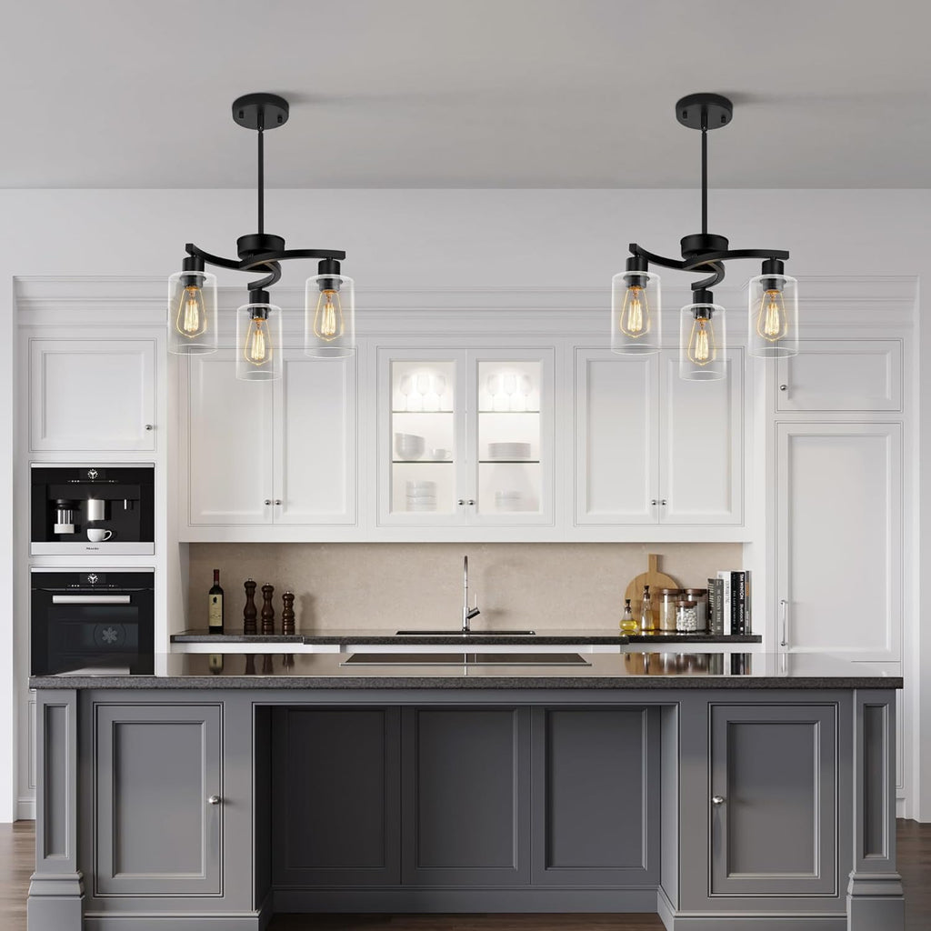 3-Light Modern Farmhouse Black Pendant Lights Kitchen Island, Adjustable Height Contemporary Chandeliers for Dining Room Light Fixture Hanging, Clear Glass Shade