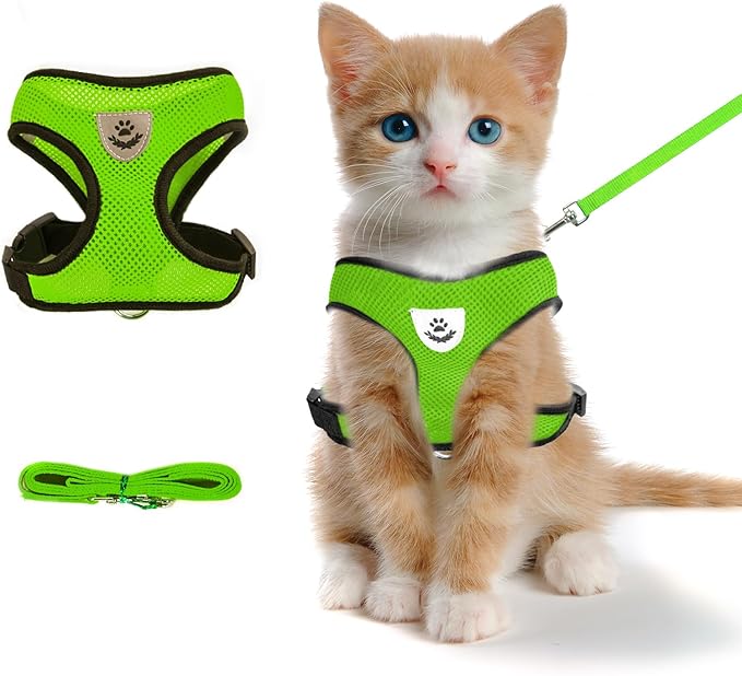 shudyear Summer cat Chest Harness and Leash, Anti-Escape Adjustable Soft mesh cat Leash and Chest Harness Set for All Types of Cats cat Vests (Size S,Green)