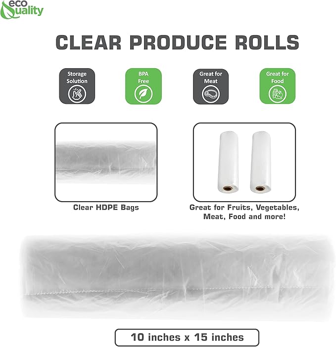 EcoQuality 10x15 Plastic Produce Bags on a Roll - 500 Bags, Clear Food Storage for Vegetables, Fruits, Bread, Pet Waste, Grocery, Supermarket (4)