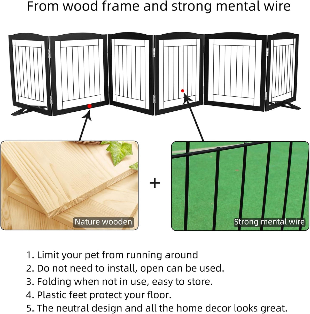 ZJSF Freestanding Dog Fence Indoor, Foldable Dog Gate for Doorways, Stairs or Hallways, Sturdy Wood Extra Wide Pet Gate with Support Feet for The House, Black, 24 "Height-6 Panels