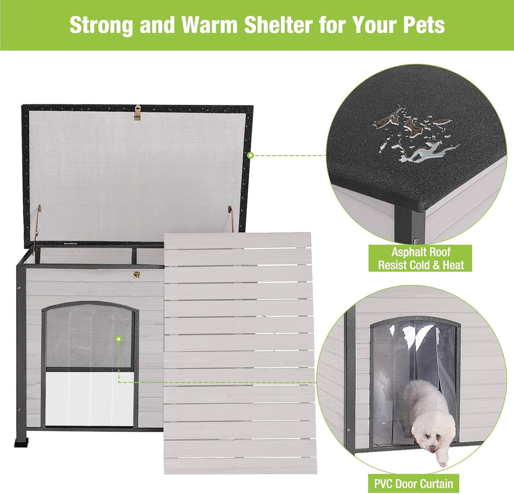 GUTINNEEN Chew Proof Dog House with Metal Iron Frame Outdoor Dog Kennel for Small Medium Large Indoor Dog Cage (43.3" L,Off-White Color)