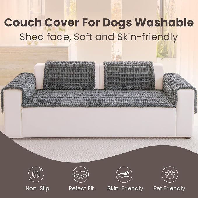 Couch Cover for Dogs Washable, Non Slip Couch Covers for 3 Cushion Sofa Pet Friendly, Fuzzy Pet Couch Cushion Covers for Dog, Thick, Soft for Sofa Protector (Dark Gray, 27.6" x 70.9"/70 x 180cm)