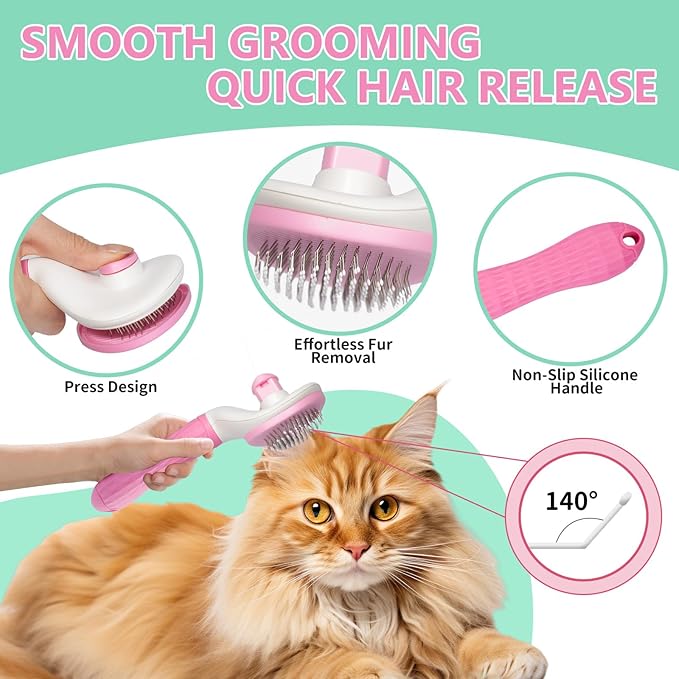 Dog Bath Supplies, 6PCS Bath Grooming Kit with Storage Bag - Self Cleaning Slicker Brush, Shampoo Brush & Scrubber, Dog Grooming Gloves for Short & Long Haired Dogs & Cats (Pink)