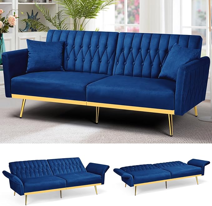 70” Velvet Futon Sofa Bed w/Adjustable Armrests and Backrest, Convertible Futon Couch w/2 Pillows, Modern Sleeper Bed for Living Room, Bedroom, Blue