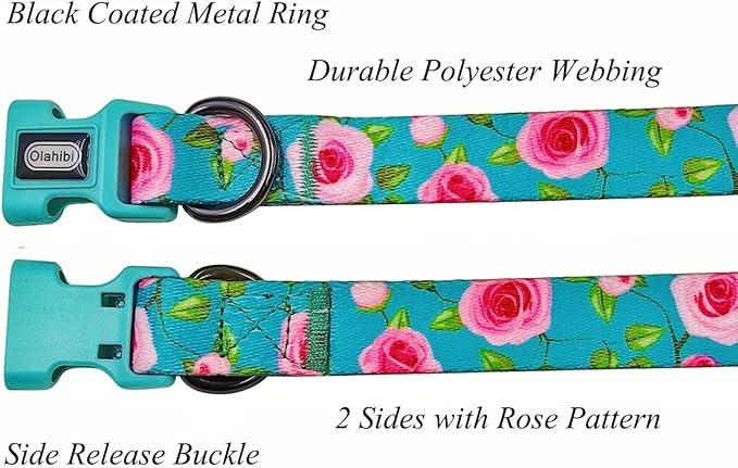 Dog Collar and Leash Set, Rose Pattern, Polyester Material, 5ft Matching Leash, for Small Dogs.(S, Green Rose Set)