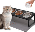 Upgraded Elevated Cat Bowls with Food Mat,15°Tilted Stand Anti Vomiting Raised Cat Dishes for Food and Water,3 Stainless Steel Bowls for Cats and Puppy（Black）