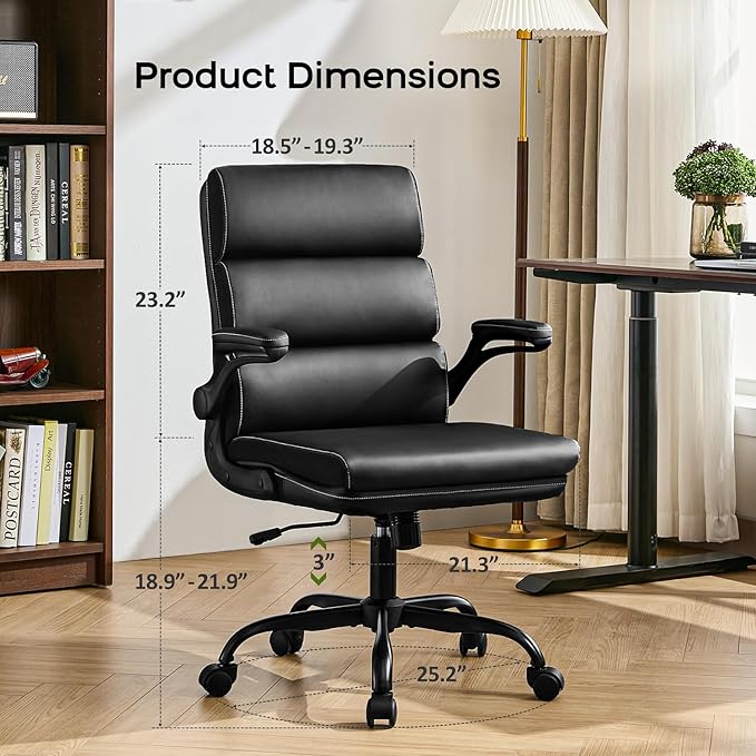 Office Chair Adjustable Desk Chair Mid Back Executive Comfortable Bonded Leather Ergonomic Back Support Home Computer Chair with Padded Flip-up Armrest Swivel Wheels (Black)
