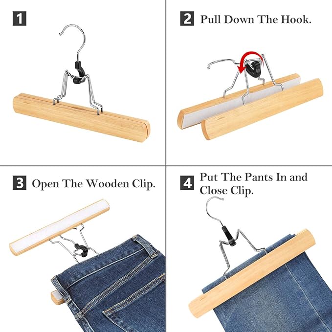 AMKUFO 12 Pack Natural Wooden Pants Hangers with Clips Non Slip Skirt Hangers Trouser Clamp Hanger Solid Wood Hanger with 360° Swivel Hook