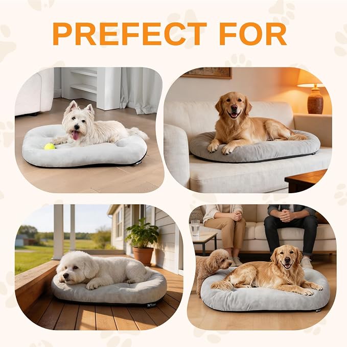 Washable Oval Small Dog Bed, Silver-Tipped High-Resilience, Light Gray | Non-Slip Bottom Prevents Sliding,Soft Plush Short Fur,Machine Washable Cushion,Ideal for Crates & Small Spaces,23"x17"x2.8"