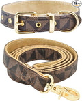 Leather Dog Collar and Leash Set, Check Pattern Dog Collar Leashes Metal Buckle Adjustable Durable for Small Medium Large Dogs (Brown, M(11.8-15IN))