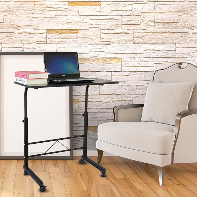 Goujxcy Sofa Side Table C Shaped End Table with Wheels, Black Rolling Bedside Laptop Table Snack Table TV Tray, Height Adjustable, Wooden Top & Metal Frame