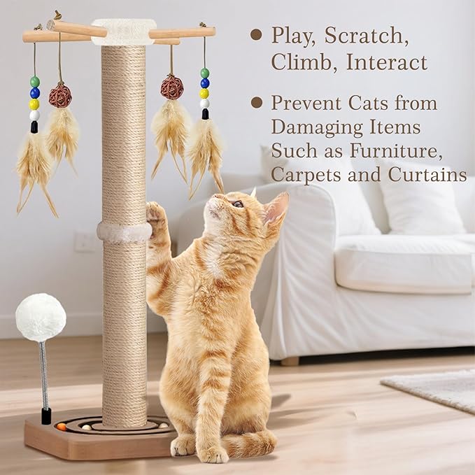 Tall Cat Scratching Post, 33 Inches, Sisal, Interactive Furniture Toys for Indoor Cats Adults, 2 Mounting Methods Large Scratcher Tree Tower with Hanging and Ball Track, Activity Center for All Ages