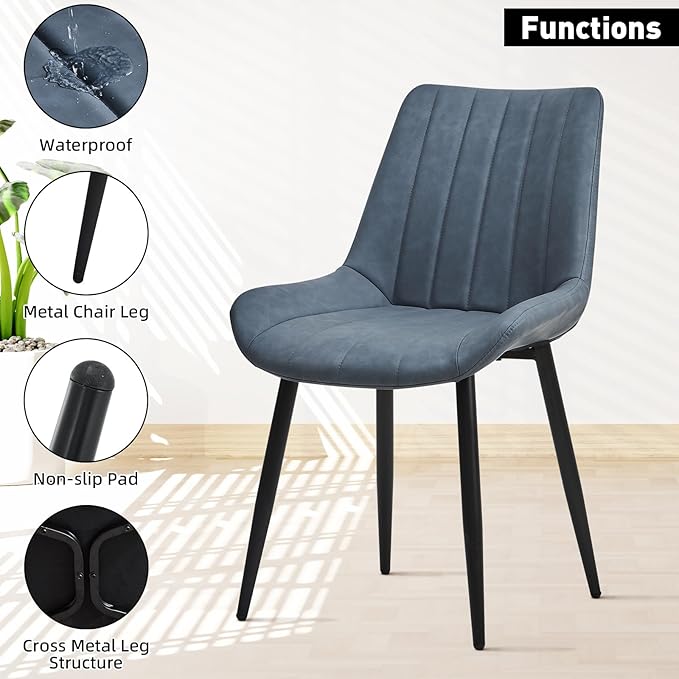 Dining Chairs Set of 4, Faux Leather Modern Linear Design Dining Chair with Metal Legs, 16.9" Seat Width Chair for Kitchen, Lounge, Reception Room, Restaurant, Commercial (Haze Blue)