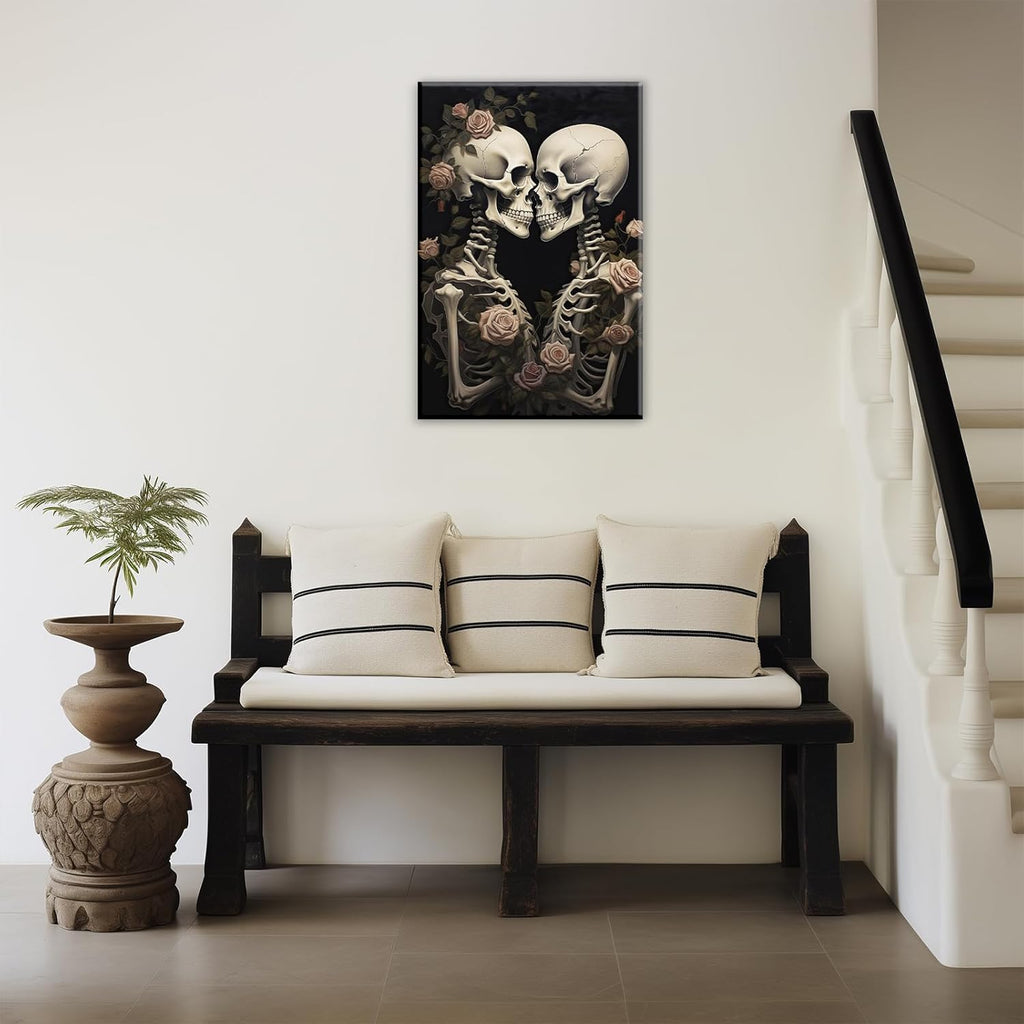 OAAPITI Vintage Skeleton Canvas Wall Art Gothic Painting Artwork Retro Rose Skull Art Poster Abstract Romantic Theme Picture Halloween Living Room Decor(Artwork-4,24"x36")