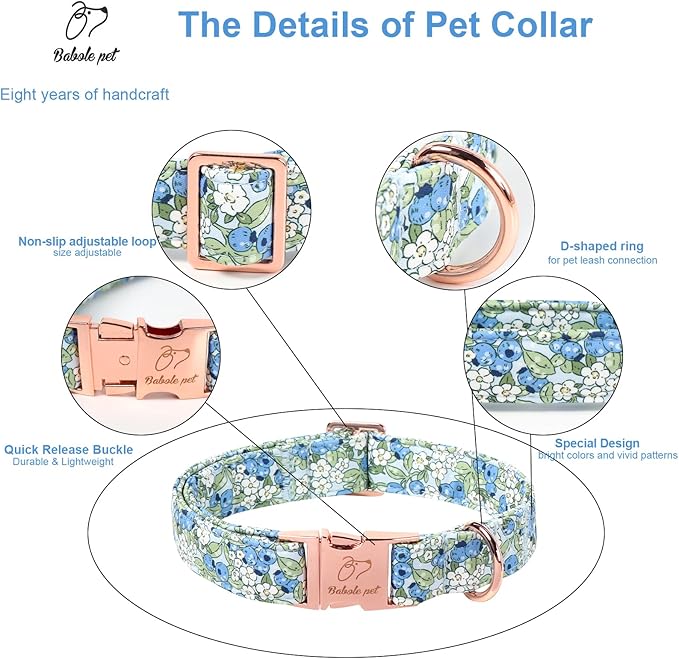 Blueberry Garden Dog Collar, Spring/Summer Cottagecore Floral Dog Collars, Adjustable Heavy Duty Girl Dogs Collar for Small Medium Large Dogs with Metal Buckle M