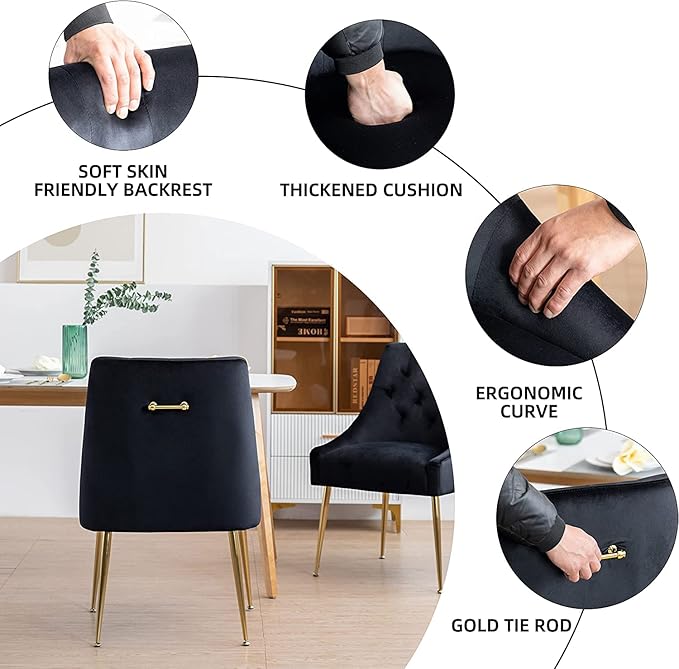 Modern Dining Chair Set of 6, Mid-Century Room Chair, Upholstered Comfortable Velvet with Back Pull Rod and Metal Legs for Kitchen, Dining, Living (Black), (DYXSD)