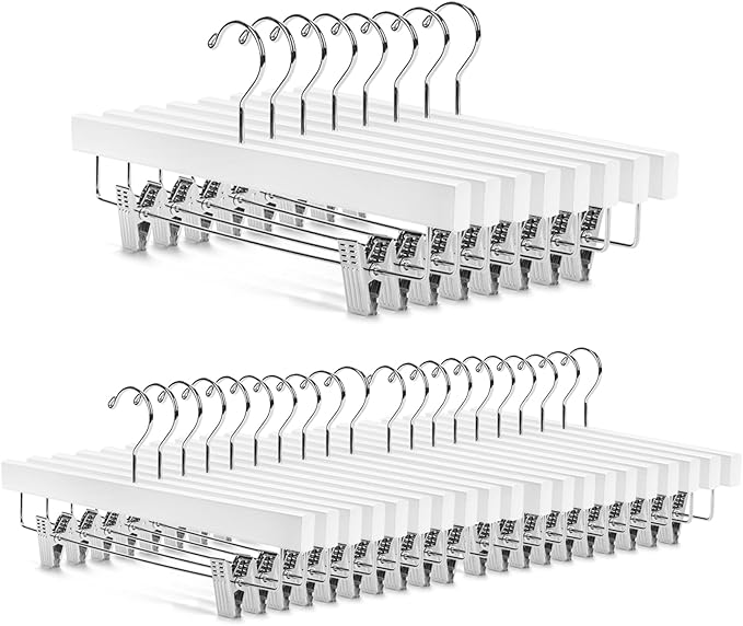 Nature Smile Deluxe Wooden Pants Hangers, Solid Lotus Wood, with Clips, Pack of 28, White