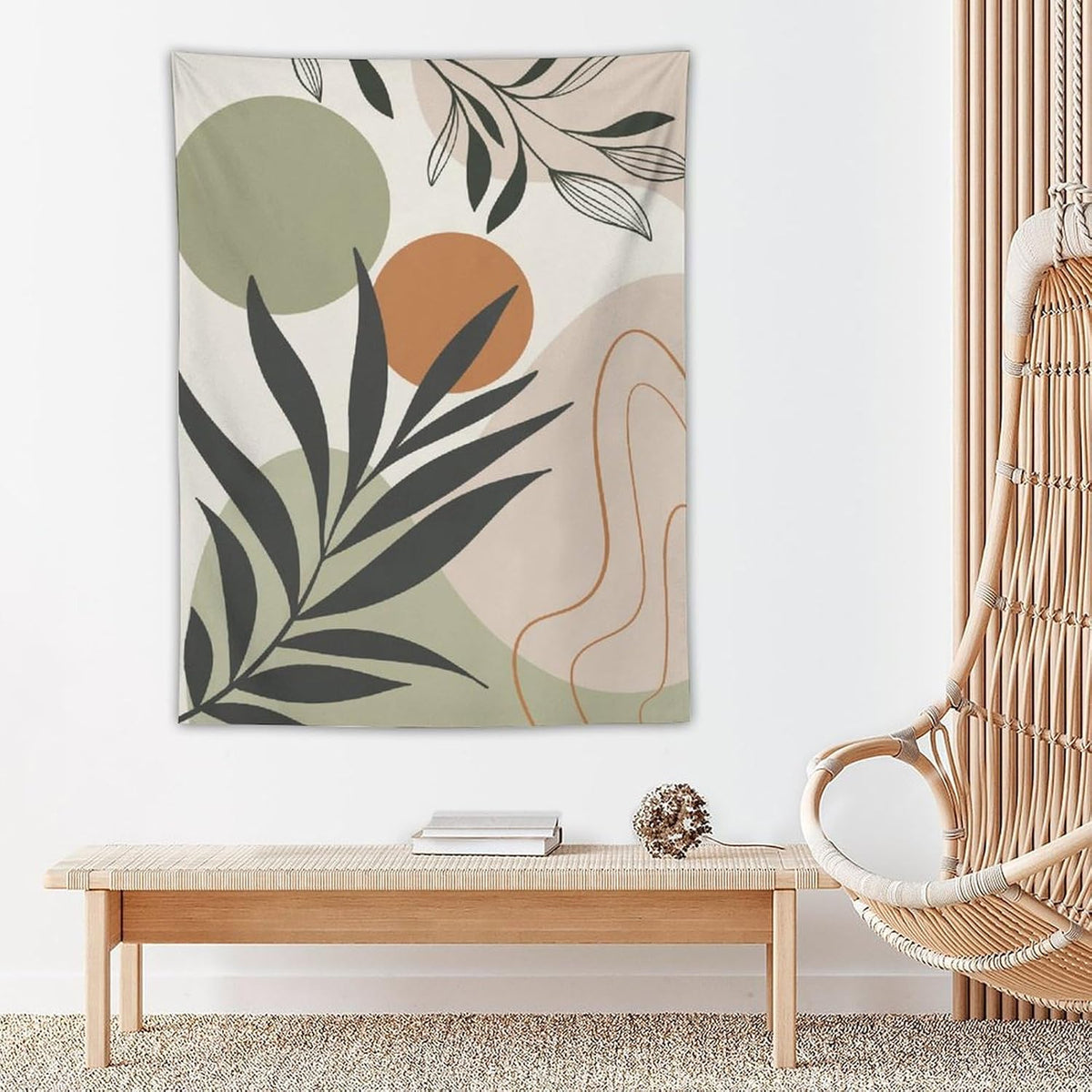 Abstract Bohemian Mid Century Tapestry, Tropical Leaves Modern Geometric Archway Minimalist Bohemian Botanical Aesthetic Wall Hanging, Sage Green Gold Home Decor Art for Bedroom 60x80 Inch