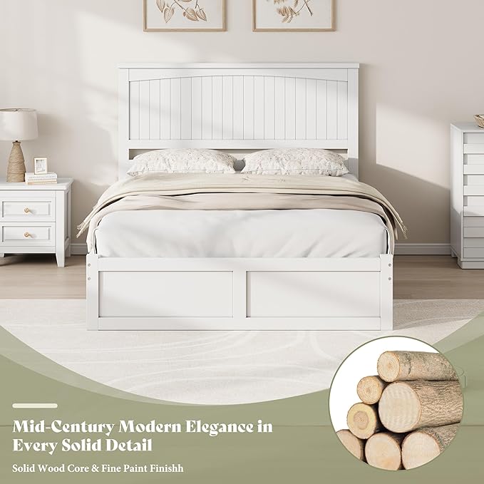 AMERLIFE Full Size Solid Wood Bed Frame with 50" Tall Headboard, Mid-Century Modern Bed with Storage Drawers, Wooden Platform Bed with 2 Drawers, No Box Spring Needed, White