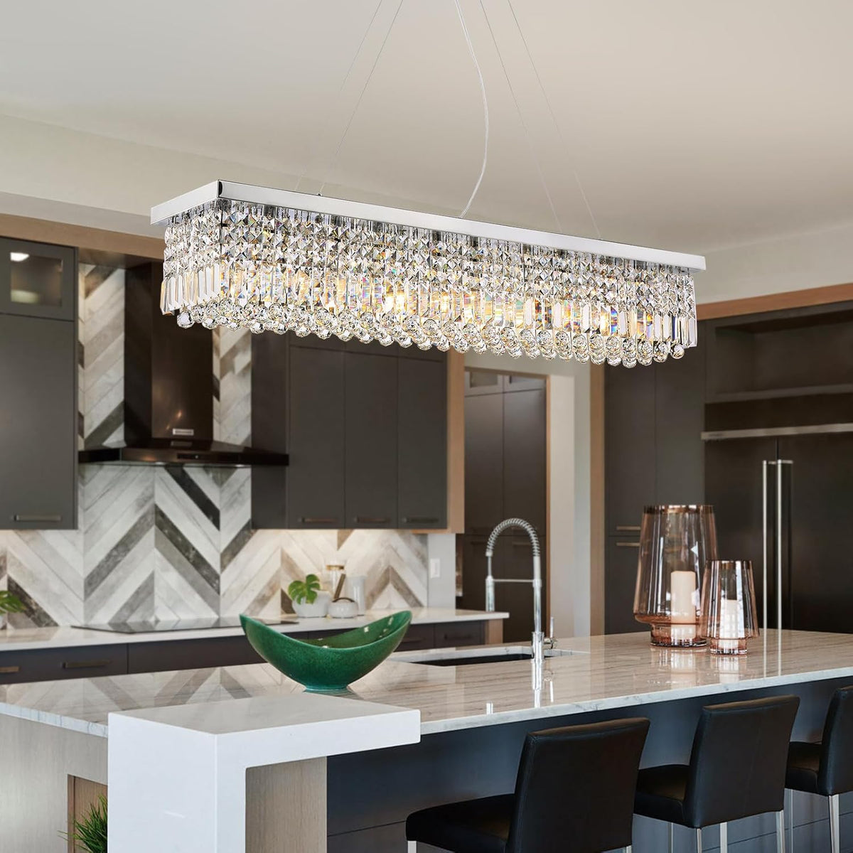 Siljoy Modern Rectangular Crystal Chandelier, 47" Rectangle Raindrop Hanging Ceiling Pendant Light Fixture Adjustable Height for Kitchen Island Dining Room, Polished Chrome Finish, L47 x W10 x H10