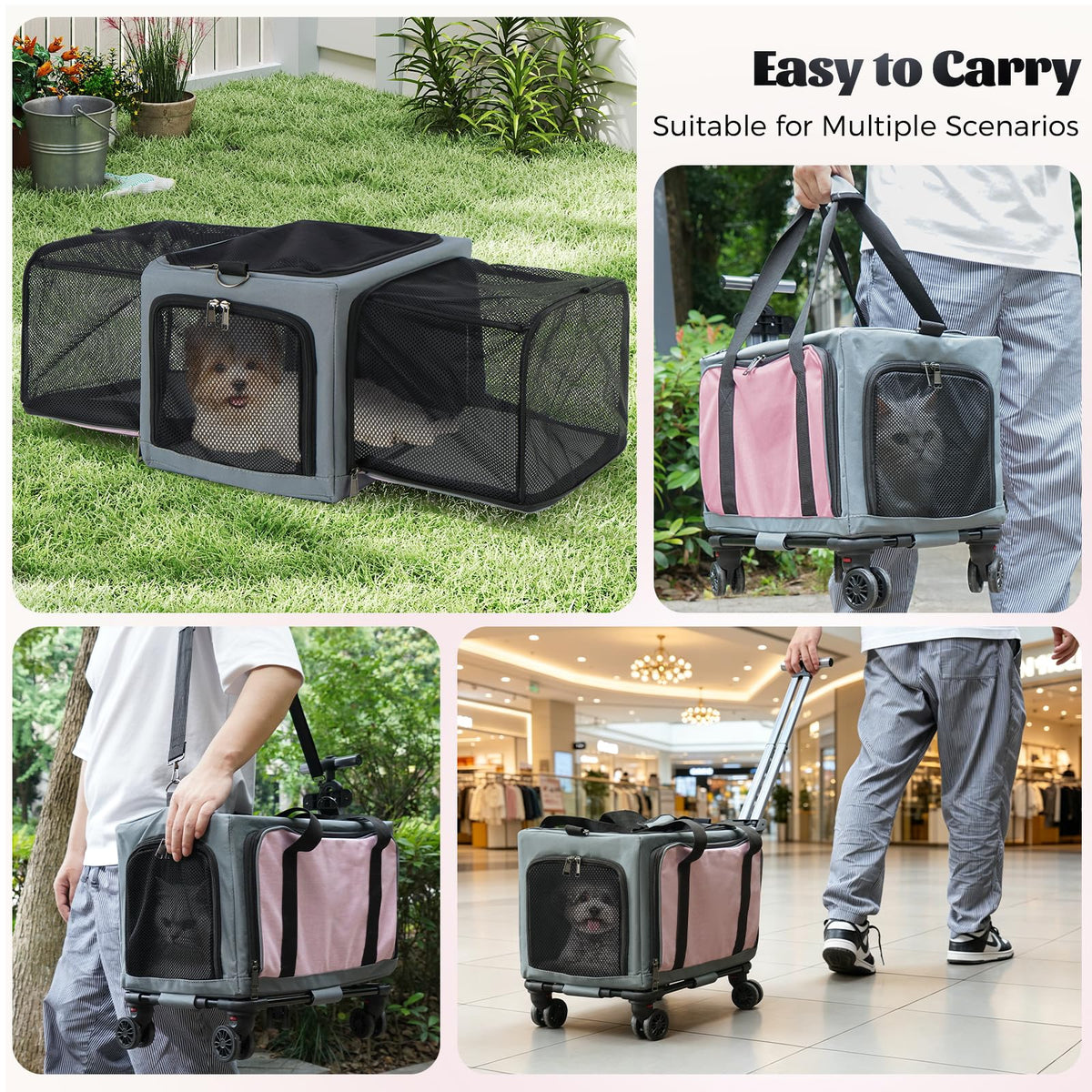 3-Sided Expandable Rolling Pet Carrier With Wheels, Small Cat Dog Travel Carrier, Foldable Portable Bag Grey  For Travel Camping Vet Outdoor Indoor Use