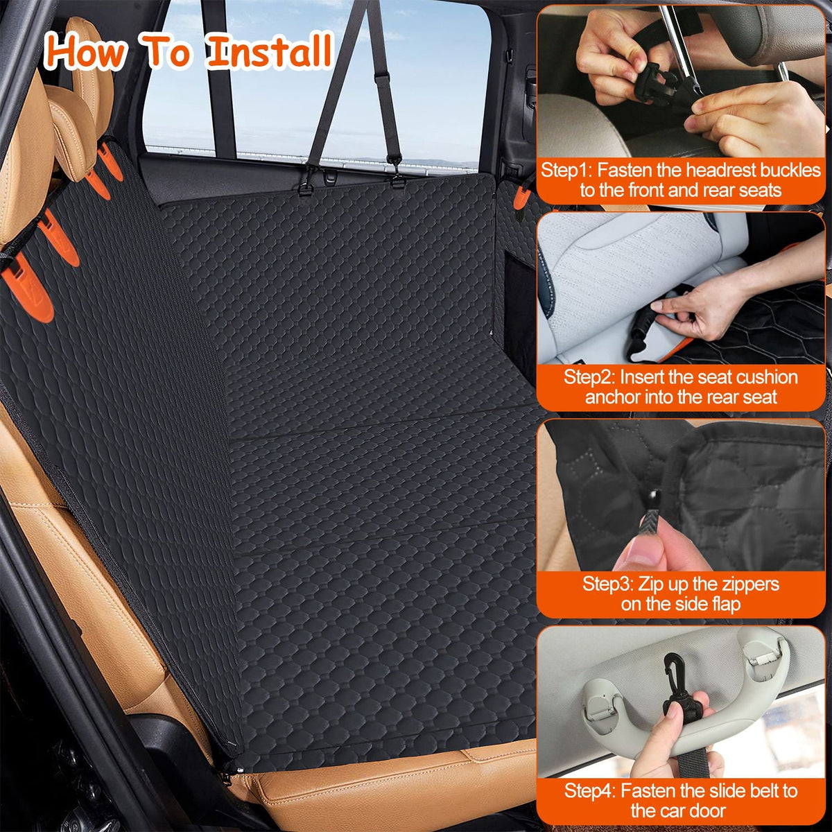Dog Car Back Seat Cover With Zipper Mesh Window Storage Bags Waterproof 600D Oxford Cloth Car Seat Protector With Slide Flaps For Cars Trucks SUVs
