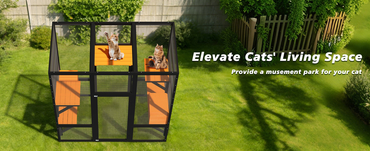62.6" Black Wooden Catio for Cats, Large Cat Enclosure with Waterproof cover, 2 Napping House, Platforms & Galvanized Metal Wire – Secure Pet Cage Shelter