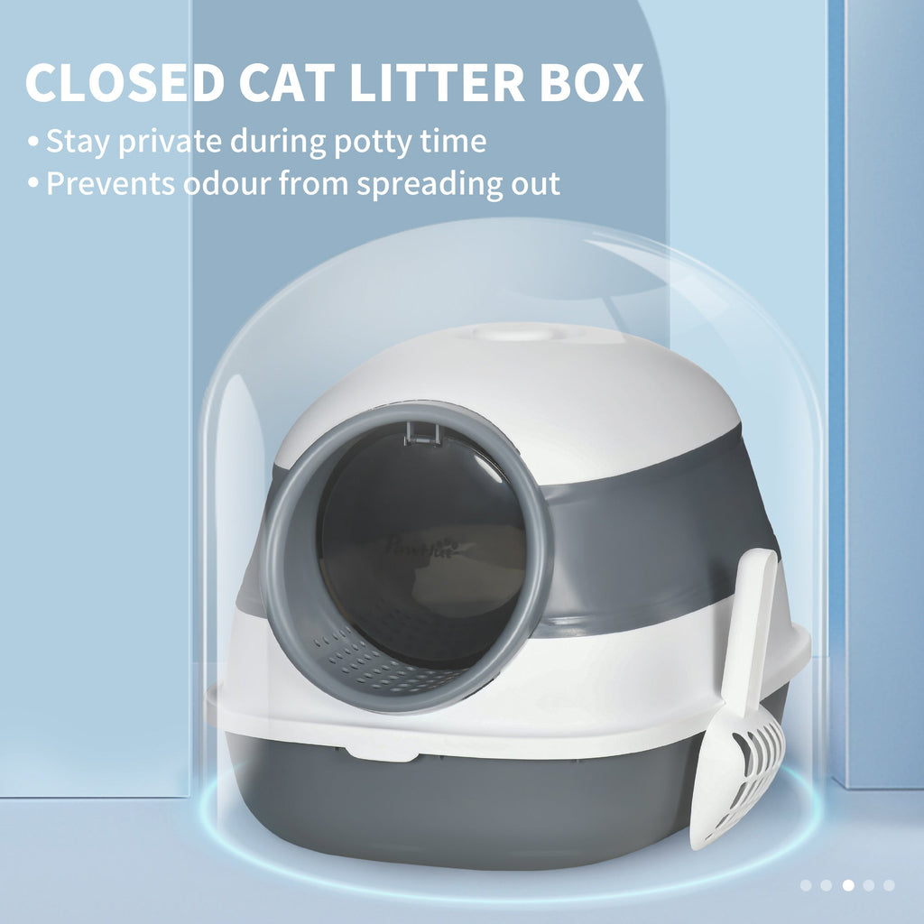 Dome Covered Cat Litter Box with Lid, White and Gray