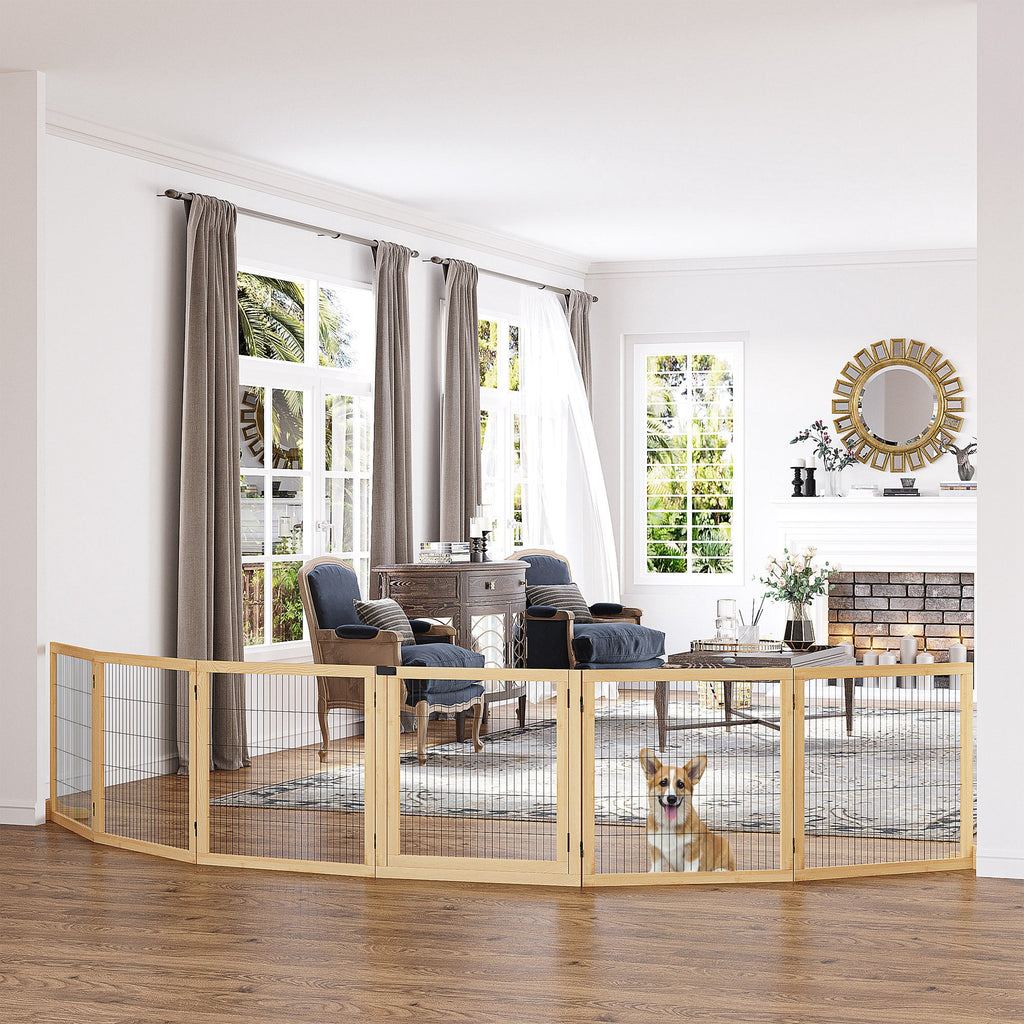 Wooden Pet Gate, 6-Panel Folding Dog Safety Barrier with Support Feet for Small & Medium Dogs, Natural Wood
