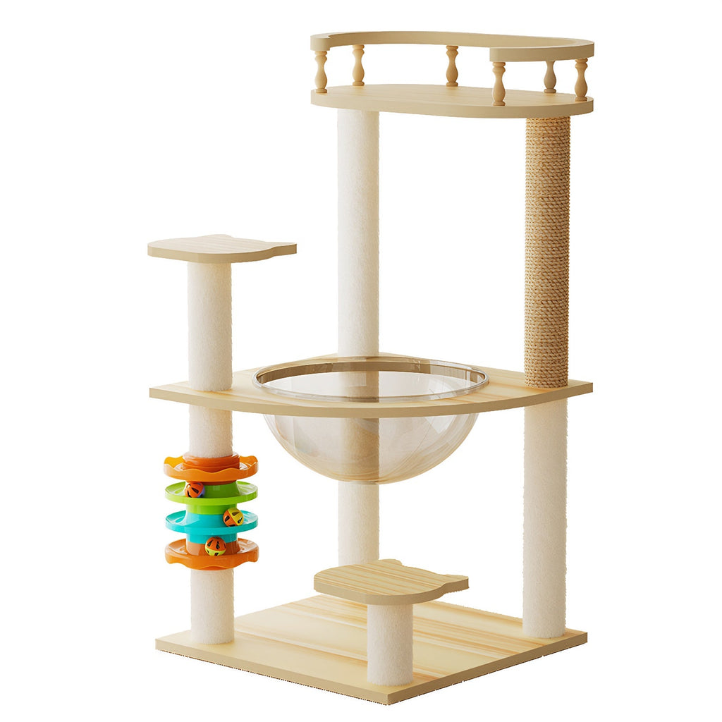 32.2" Modern Cat Tower, Wood Cat Tree Tower for Indoor Cats, Cat Treewith Sisal-Covered Scratching Posts and Top Perch, Cat Condo with Acrylic Hammock and Toys for Small Large Cats