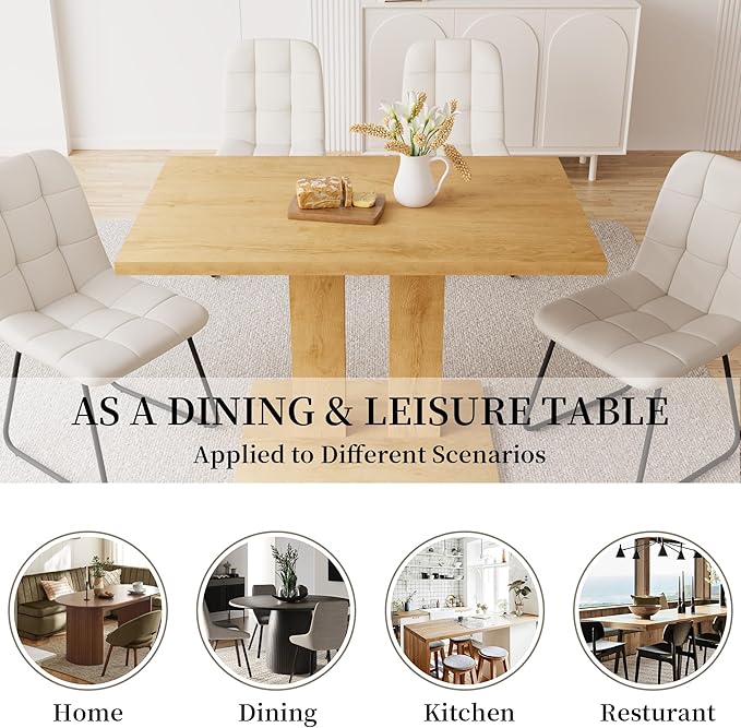 Dining Table Set for 4-6 People, 46 Inch Modern MDF Oak Kitchen Table with 4 Faux Leather Chairs, Rectangular Dining Room Table Set for Home, Small Spaces, Breakfast Nook (Oak Table + 4 White Chairs)