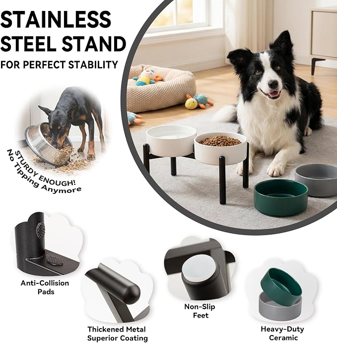 Raised Ceramic Dog Bowl Set with Stand, 7.5 Cups Elevated Dog Food Stand | 8.4'' Double Dog Food and Water Bowl Set, Non-Slip Dog Feeding Dishes for Small Breeds and Cats, 59.2 OZ, Grey