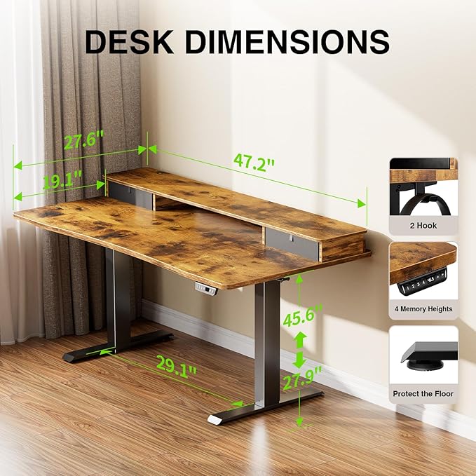 Veken 47.2"×27.6" Standing Desk with Storage Drawers, Adjustable Height Computer Table with Monitor Shelf, Home Office Desk for Study, Gaming, Workstation, Brown
