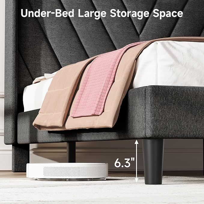 koorlian Queen Bed Frame with Headboard, Adjustable Upholstered Platform Bed Frame with Type-C&USB Ports, Wingback Storage Headboard, Solid Wood Slats Support, No Box Spring Needed, Dark Gray