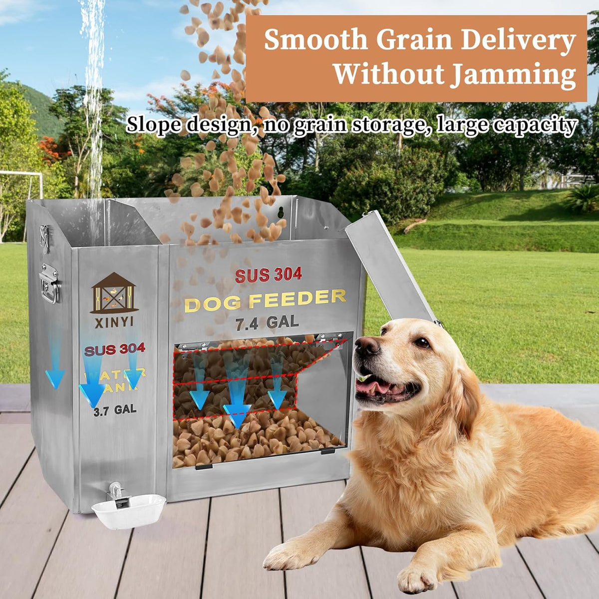 XINYI Automatic Dog Feeder and Waterer 2-in-1,SU304 Stainless Steels 3.7 Gallon Water Tank with 1 Aluminum Alloy Water Cup, 7.4 Gallon Dog Food Dispenser,Automatic Feeder for Pets, Breed, Cat